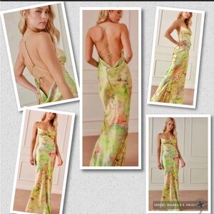 VICI stunning watercolor satin maxi dress. Open back w/chain detail.NEW Re $98 L